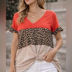 Umgee Small Leopard Colorblock Twist Front Top Coral Linen Blend